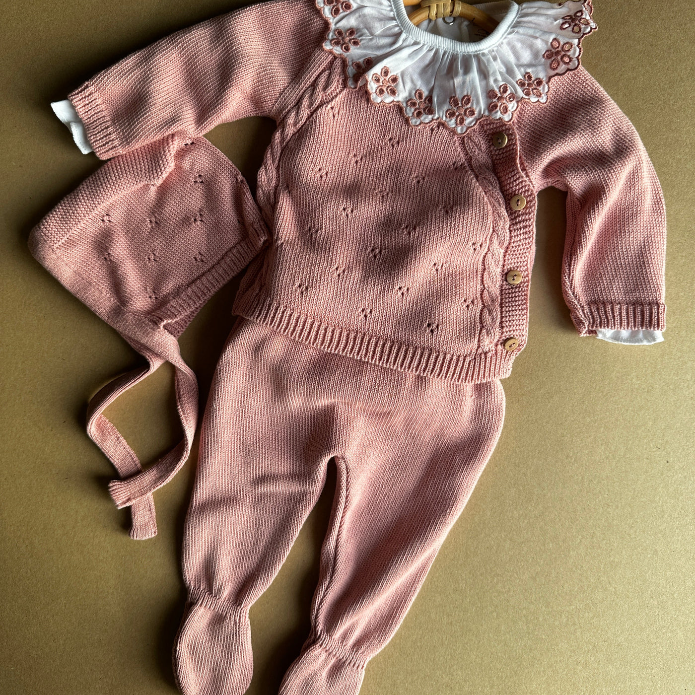 Completino lavorazione a maglia pointelle in Cotone 3 pezzi - Baby Clothes - Baby Rainbow Shop - P.IVA 04847500230